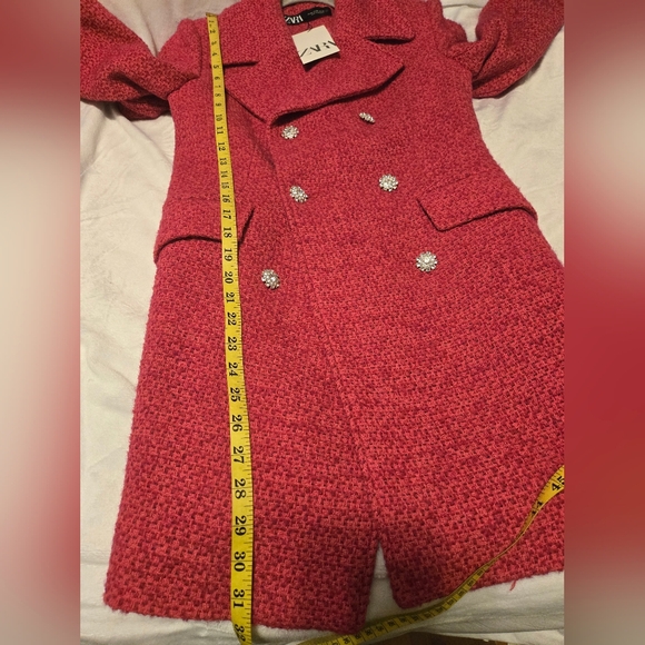 NWT Zara Textured Tweed Double-Breasted Coat Pink Rhinestone Buttons Size XS - Picture 4 of 13